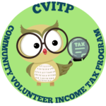 Cartoon owl with big glasses, with the acronym CVITP and the words "Community volunteer income tax program"