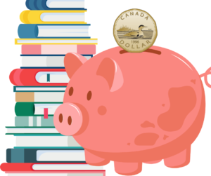 piggy bank in front of a pile of books